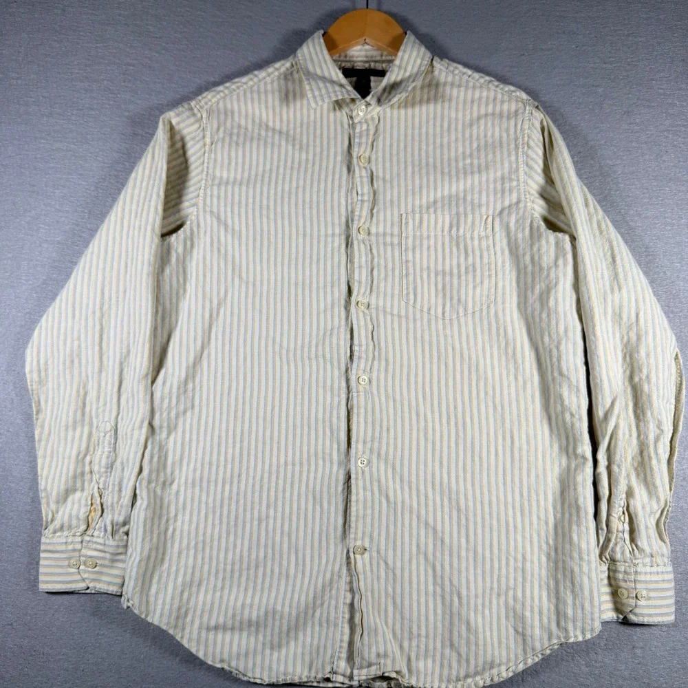 Banana Republic Mens Linen Cotton Striped Button Down Shirt Yellow Blue Medium